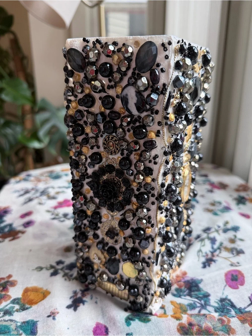 Maximalist Assemblage Glass Vase Black Gold Beaded Found Object Jewelry Art